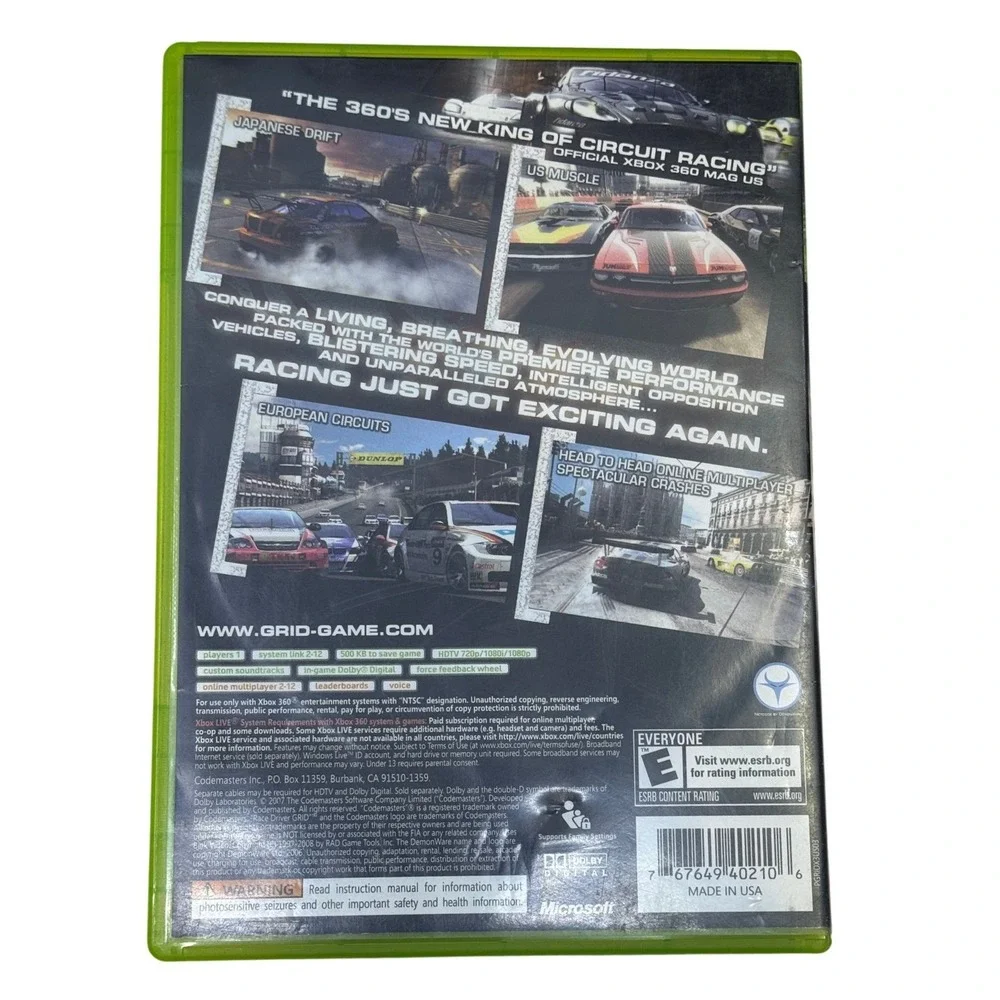 GRID Codemasters Xbox 360 Racing Game NTSC Complete with Manual